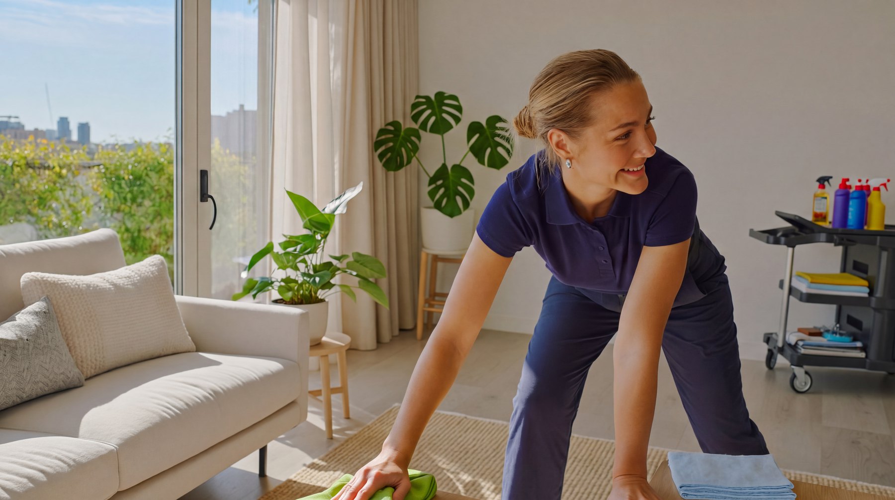 Cleanli-Team in einem hellen Wohnzimmer in Wels