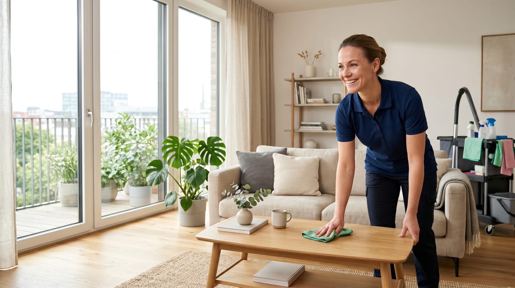 Cleanli-Team in einem hellen Wohnzimmer in Wels