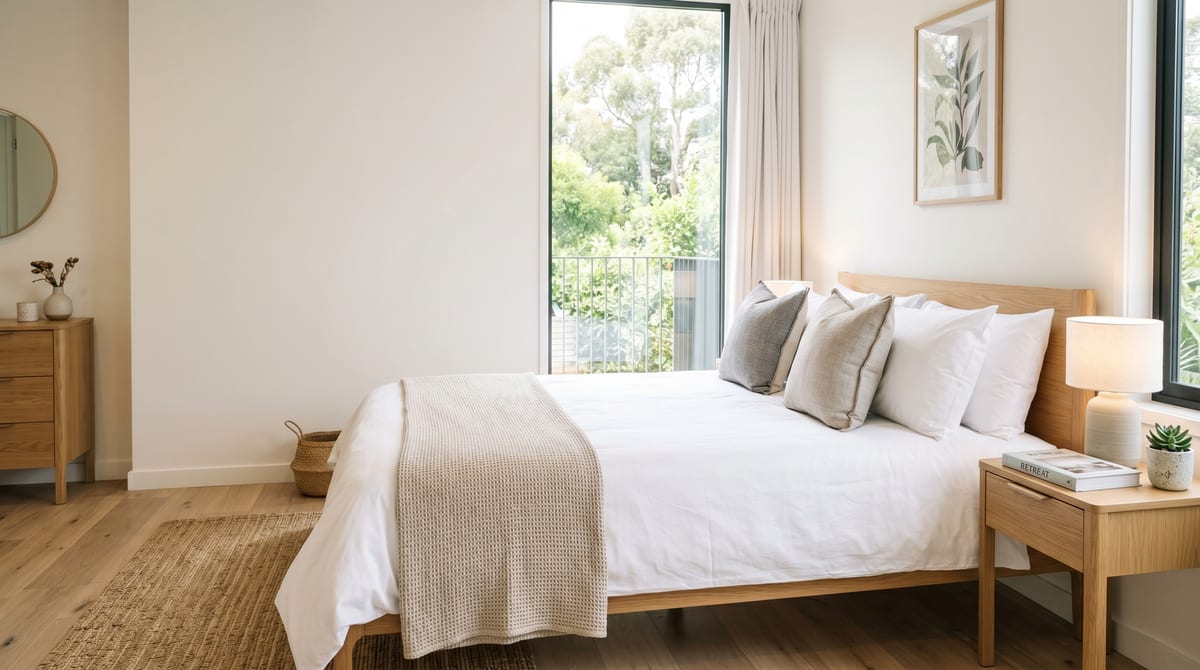 Makellos gemachtes Bett in einer Airbnb-Unterkunft — Cleanli